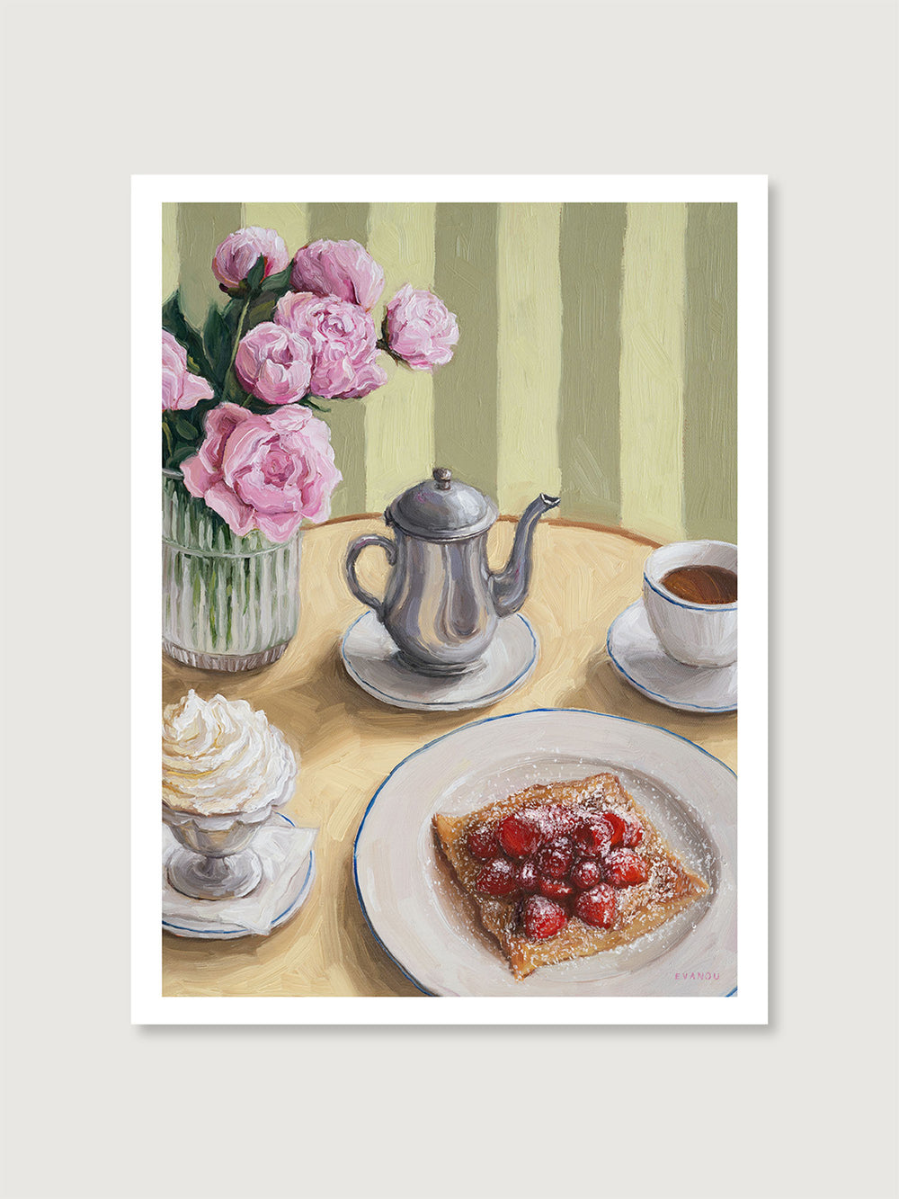Art print featuring a table setting with a silver coffee pot, cup, whipped cream, crepe with strawberries, and flowers.