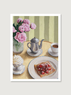 Art print featuring a table setting with a silver coffee pot, cup, whipped cream, crepe with strawberries, and flowers.