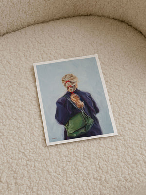 Poster of a person with a green bag against a light blue background.