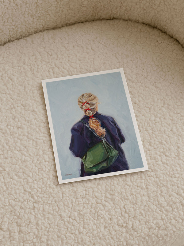 Poster of a person with a green bag against a light blue background.
