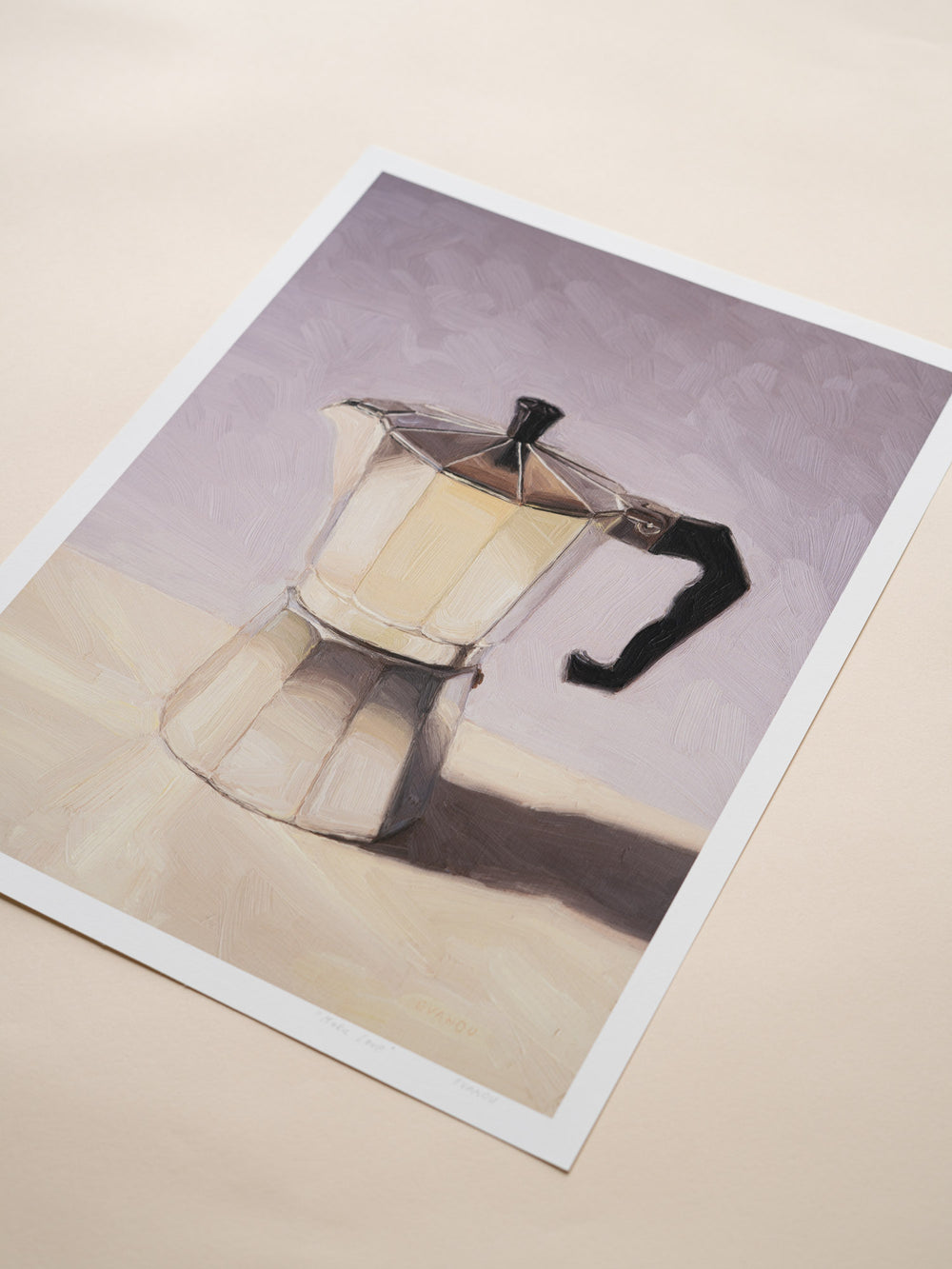 Art Print of a Moka pot on a light surface with a gray background