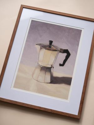Framed artwork of a Moka pot on a plain background