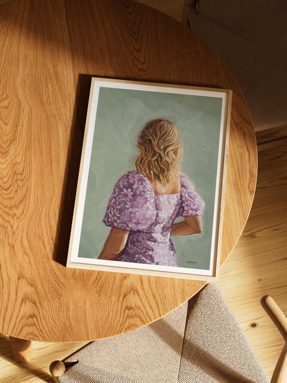 Painting of a woman in a purple dress with a textured green background