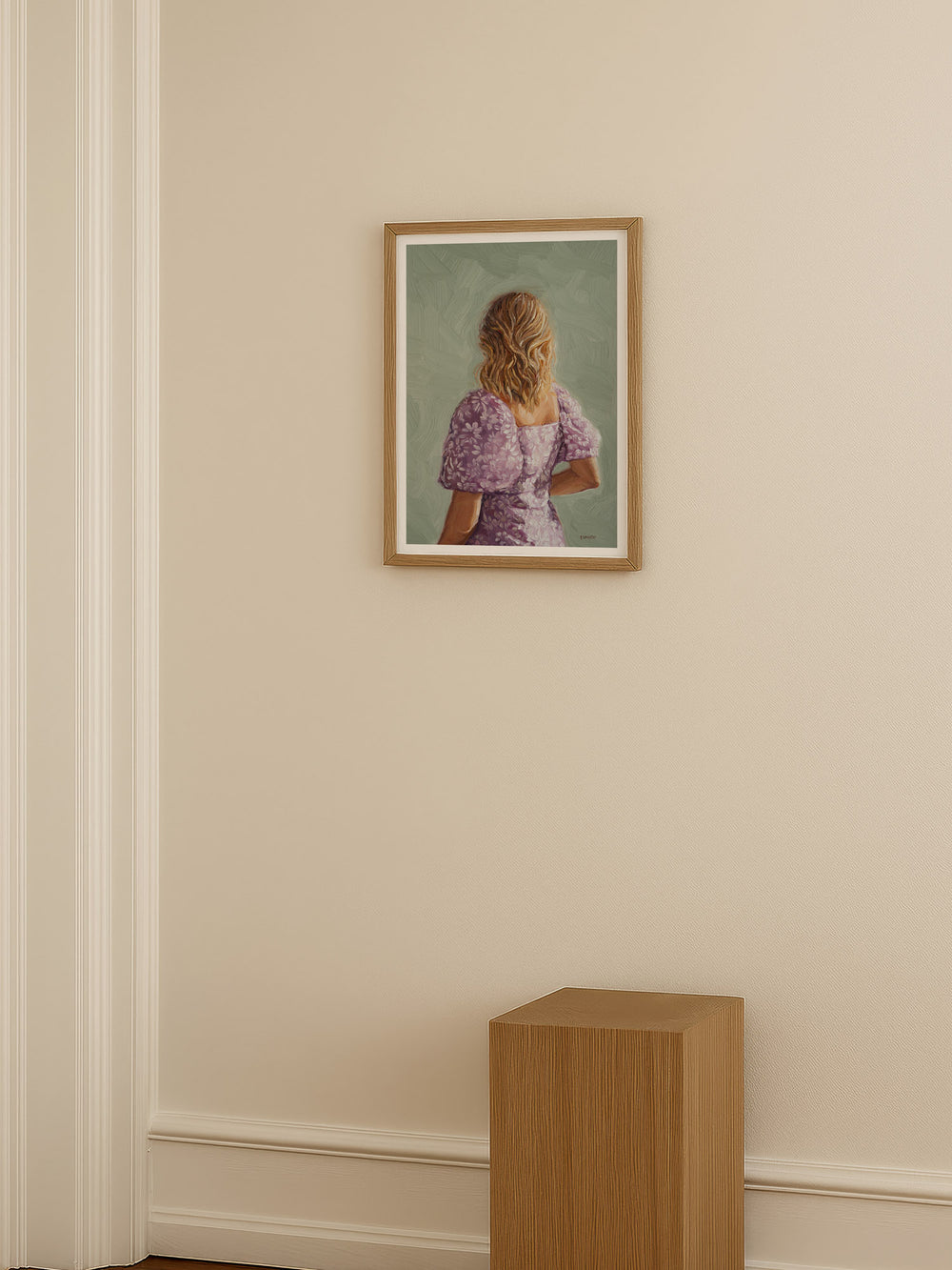 Painting of a woman in a purple dress with a textured green background