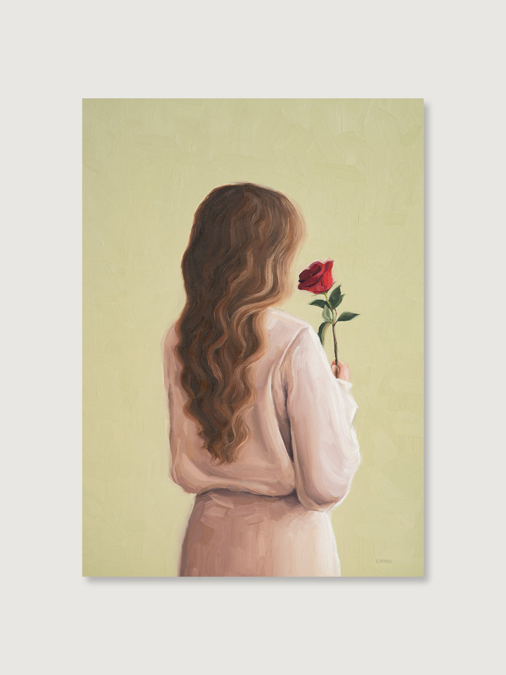 Ar print "Girl With A Rose"  featuring a woman with flowing hair holding a red rose, symbolising love and reflection.