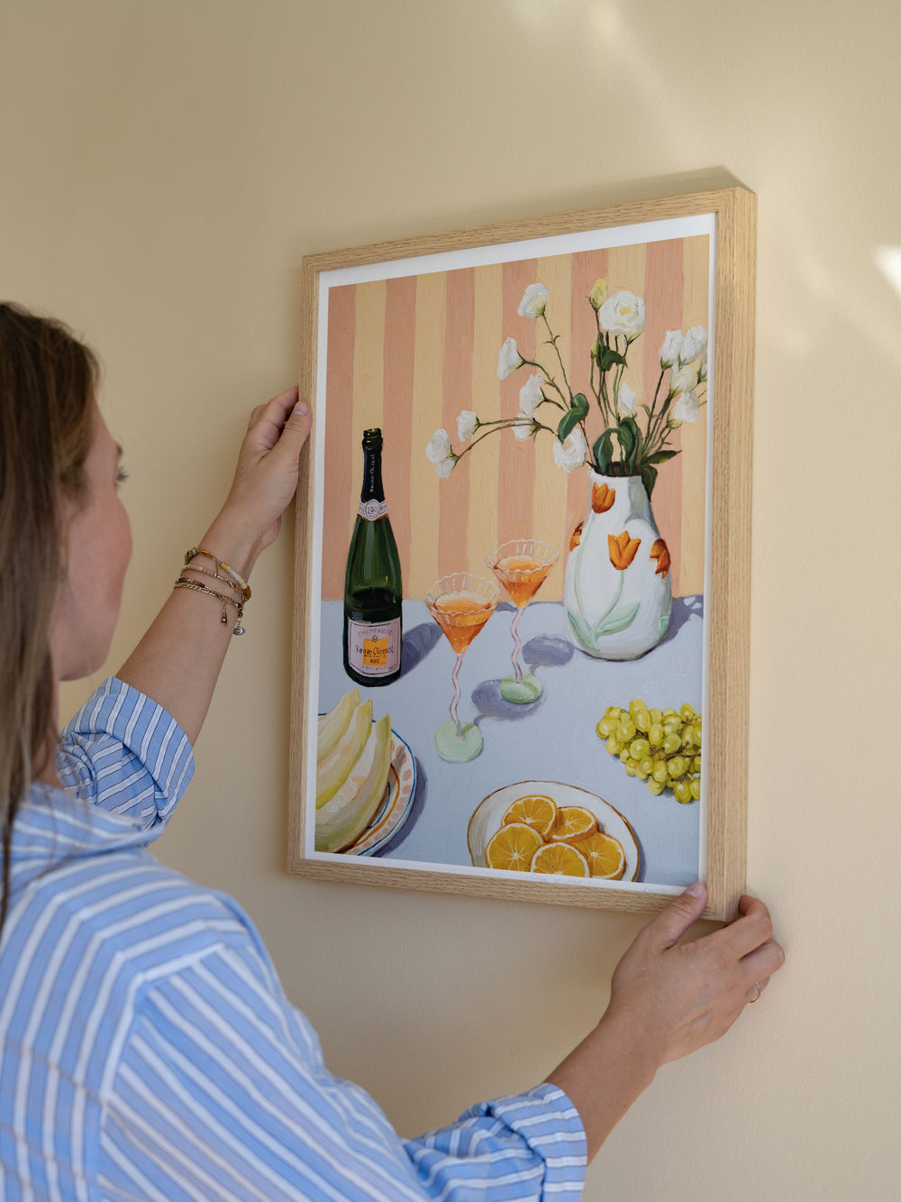 High-quality art print of Love At First Sip painting featuring champagne and fruits