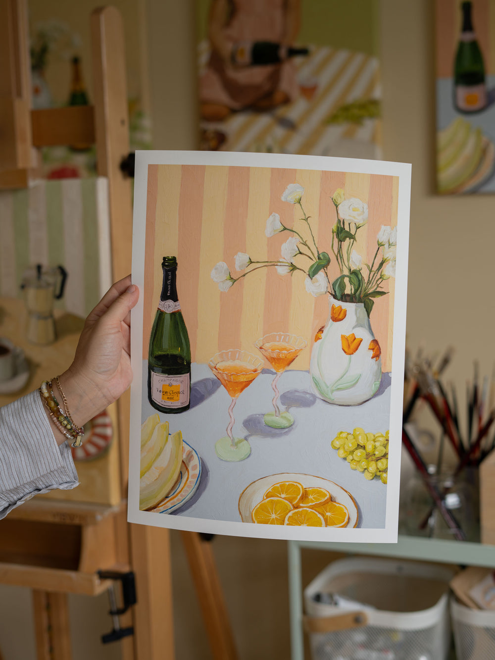 High-quality art print of Love At First Sip painting featuring champagne and fruits