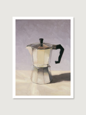 Art Print of a Moka pot on a light surface with a gray background
