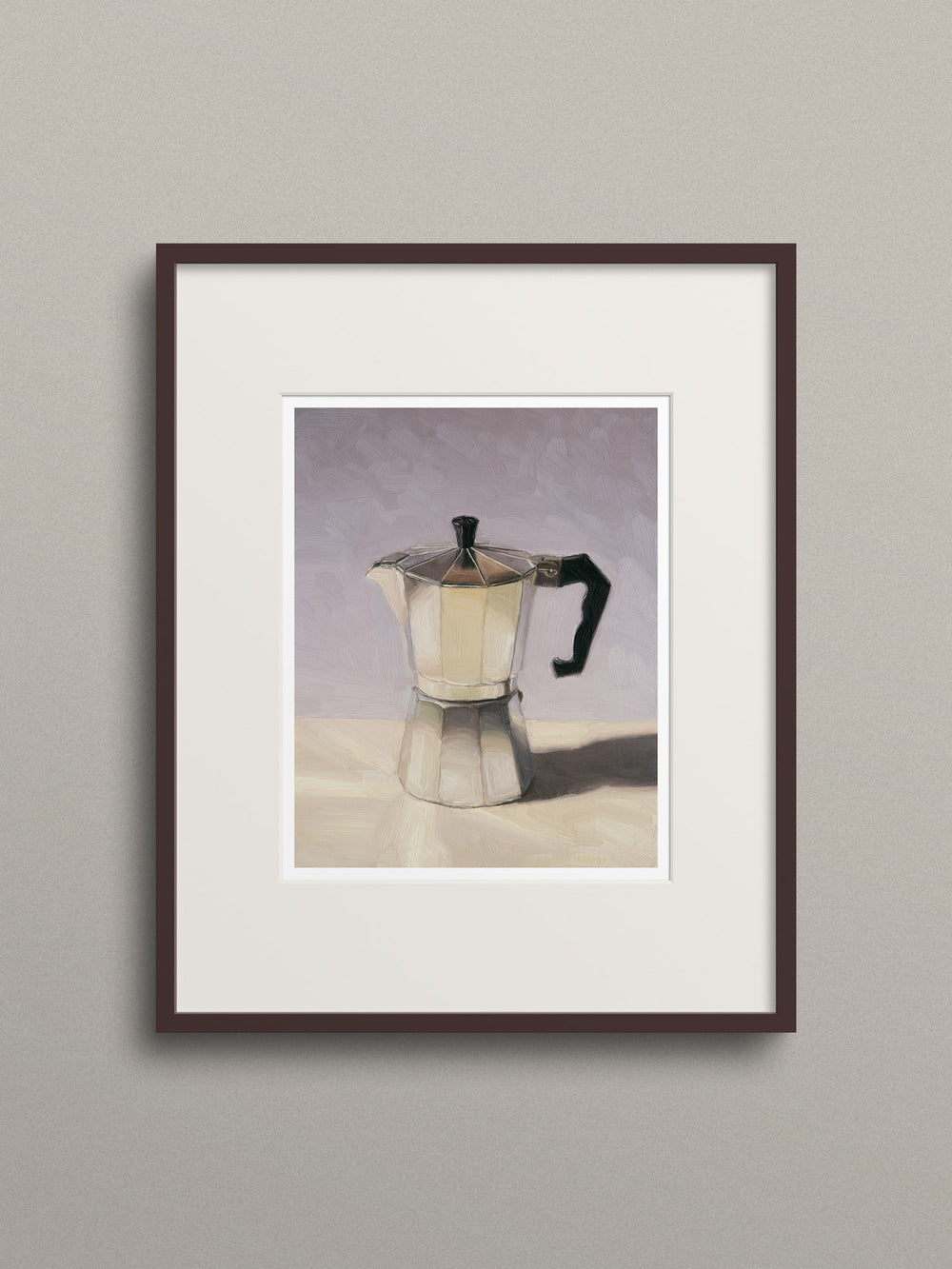 Art Print of a Moka pot on a light surface with a gray background