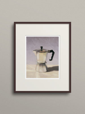 Framed artwork of a Moka pot on a neutral background