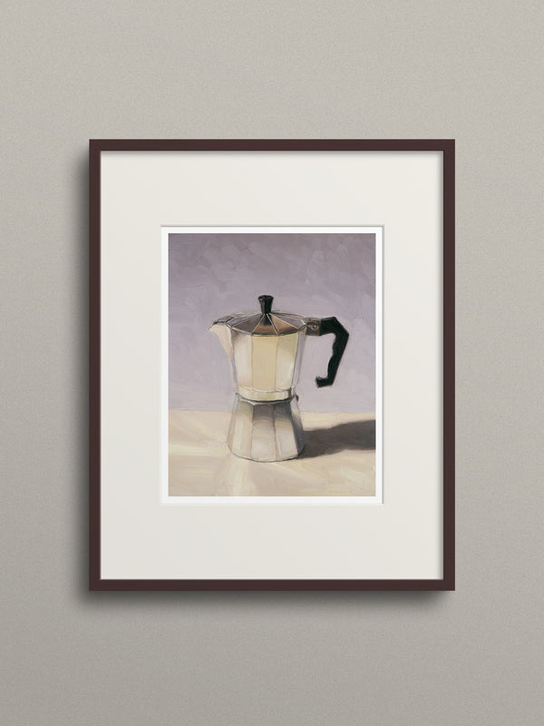Framed artwork of a Moka pot on a neutral background