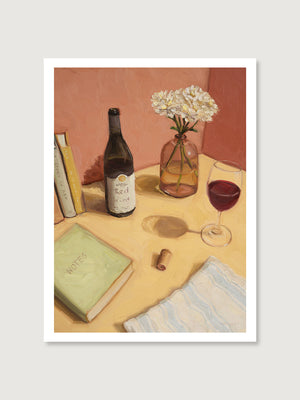 Art Print "Readers Table" featuring books, red wine and flowers