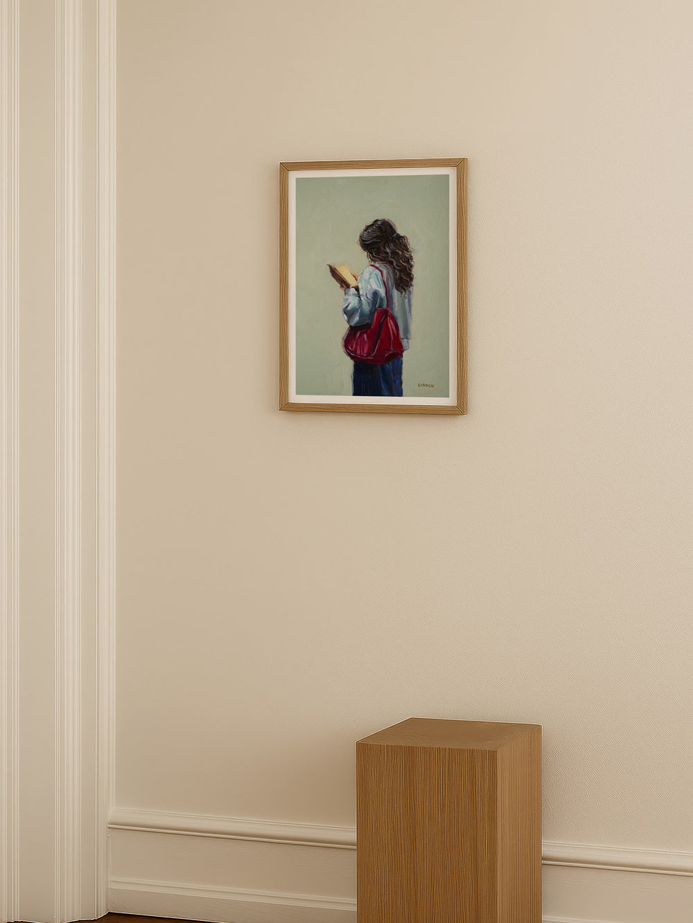 Painting of a person with long hair holding a book against a light green background