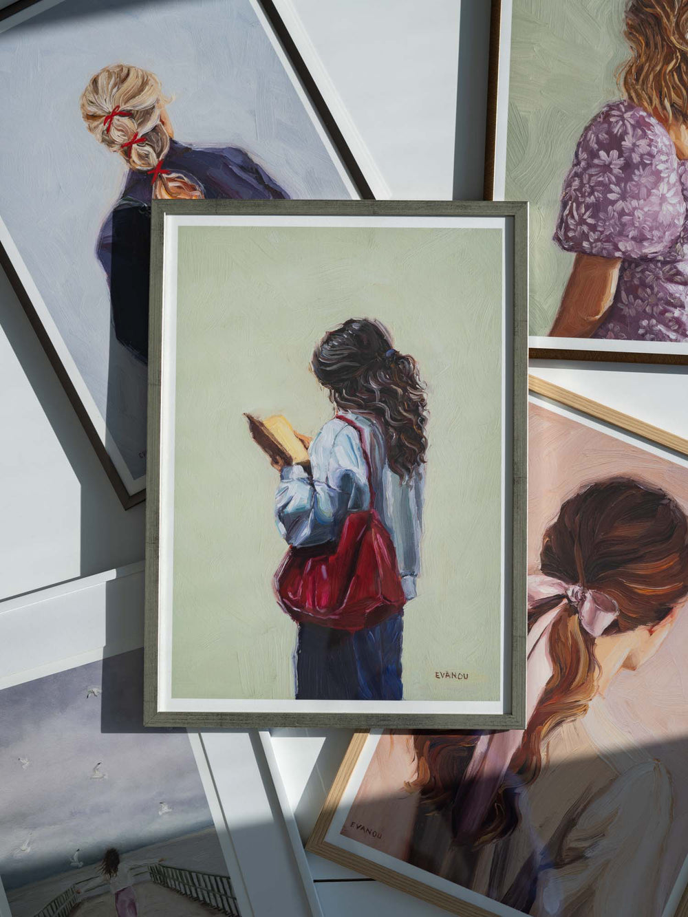 Painting of a person with long hair holding a book against a light green background