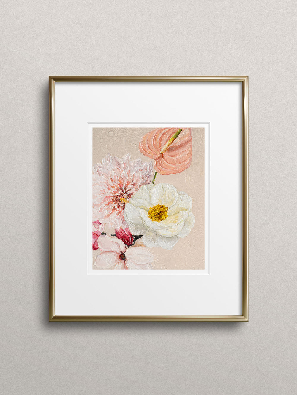 Flower art print featuring Magnolia, Anthurium and Dahlia