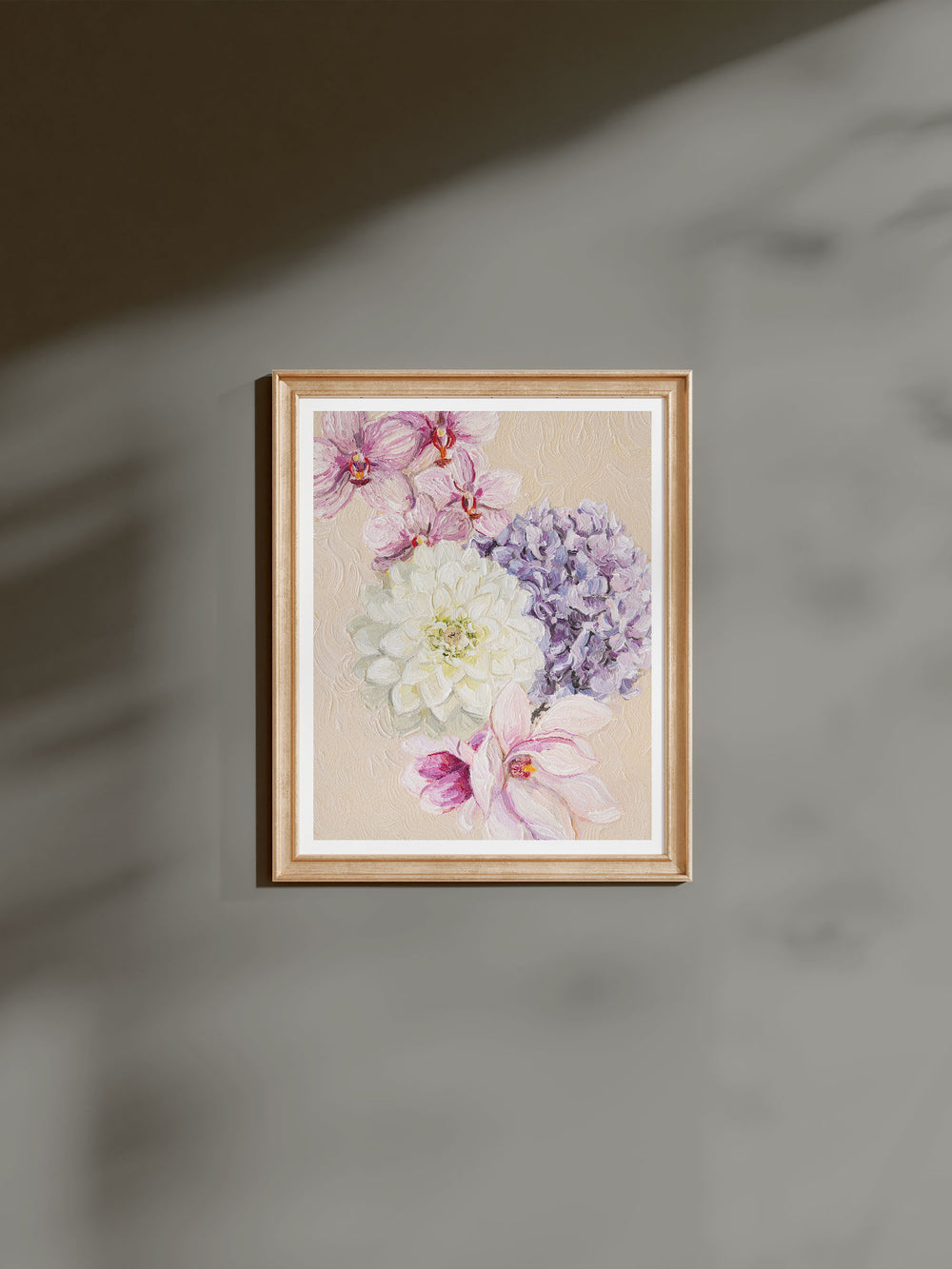 Botanical art print featuring Orchid, Dahlia, Hydrangea and Magnolia