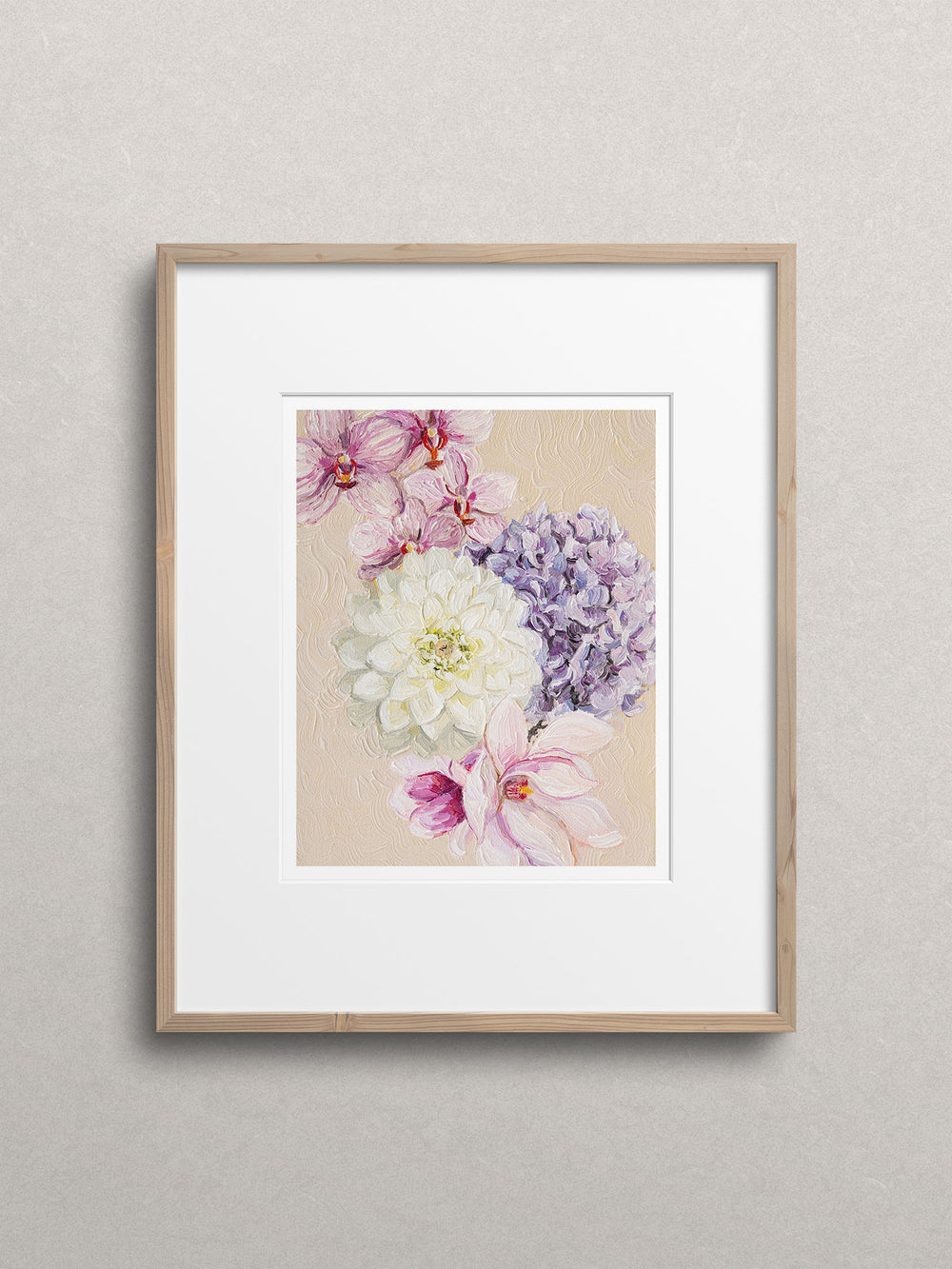 Botanical art print featuring Orchid, Dahlia, Hydrangea and Magnolia