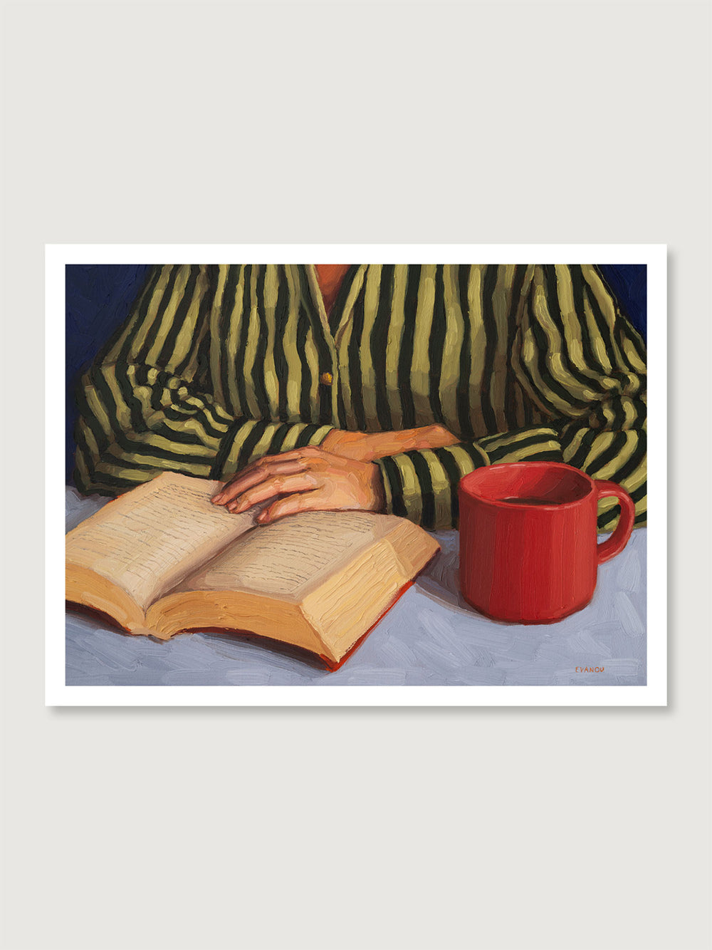 art print of a person with stripy shirt reading a book