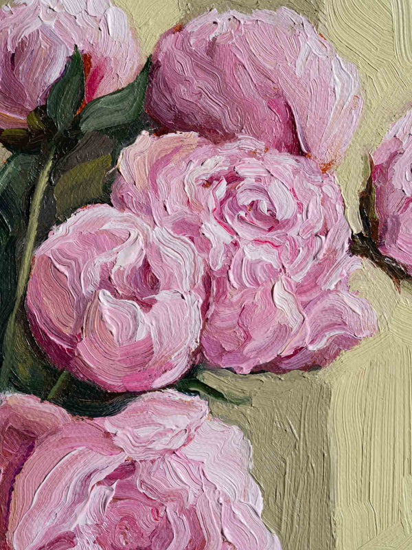 Painting of pink flowers with a textured green background