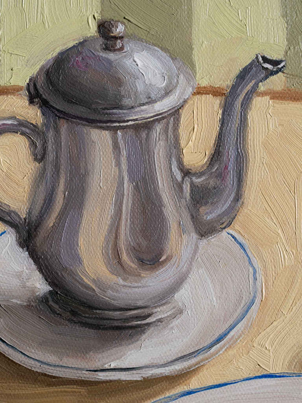 Painting of a silver coffee pot on a saucer with a textured background