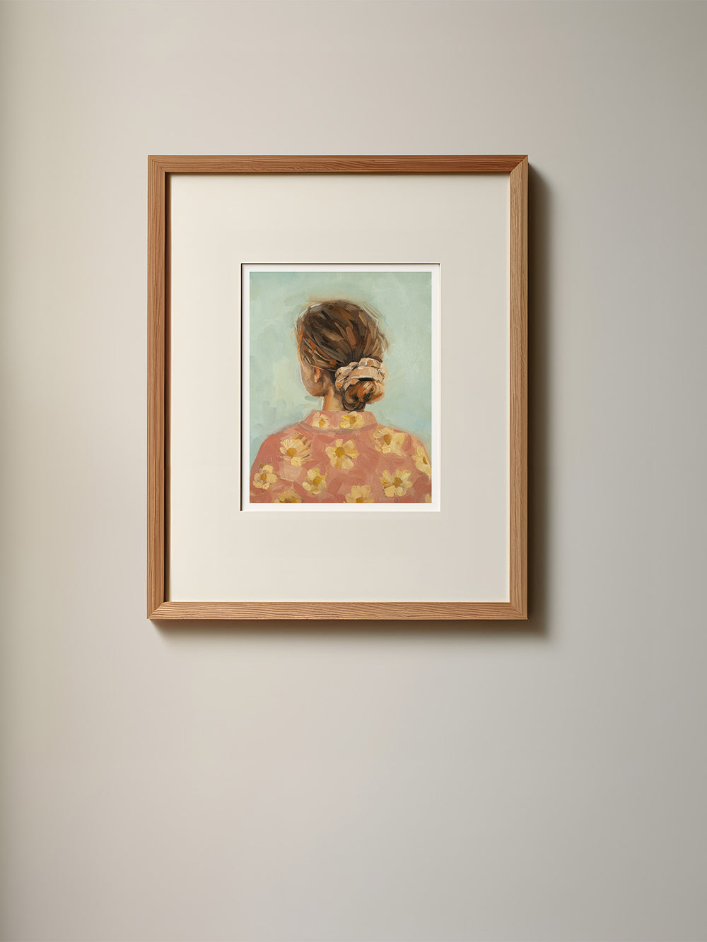 This art print of an original oil painting portrays a woman with her hair tied into a messy bun.