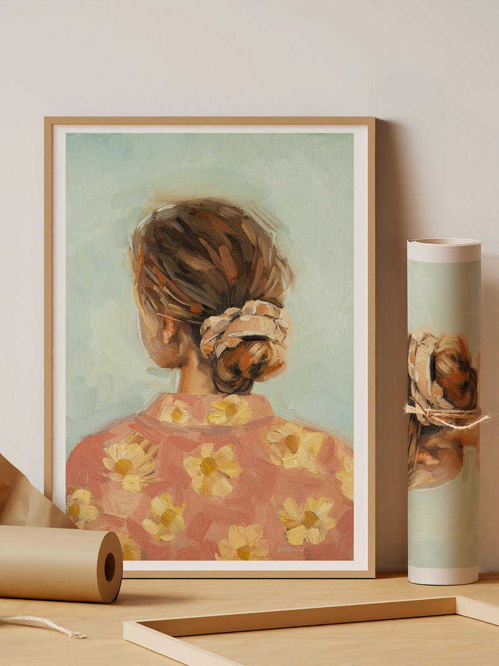 This art print of an original oil painting portrays a woman with her hair tied into a messy bun.