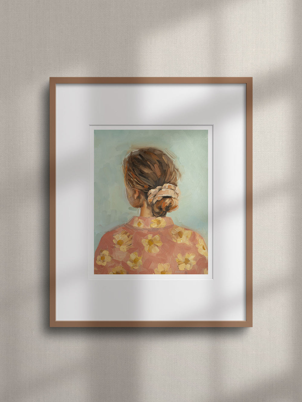 This art print of an original oil painting portrays a woman with her hair tied into a messy bun.