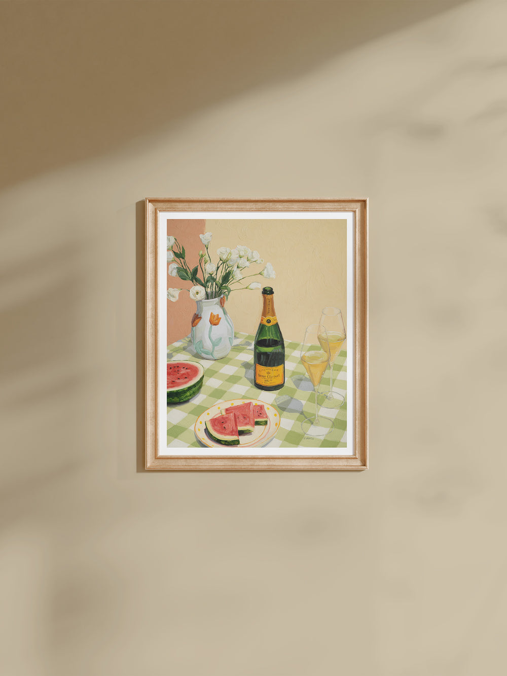 Still life print "Celebrating Summer" featuring a champagne bottle, two glasses, flowers, and watermelon with bold brushstrokes and bright colors.