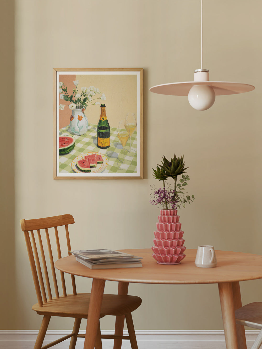 Still life print "Celebrating Summer" featuring a champagne bottle, two glasses, flowers, and watermelon with bold brushstrokes and bright colors.
