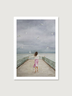 Art print of a woman on a pier with seagulls flying above.