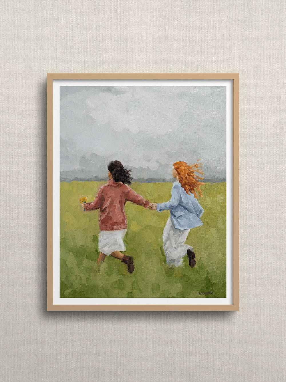 Art print of an original oil painting featuring two women running hand-in-hand through a field, chasing dreams together.