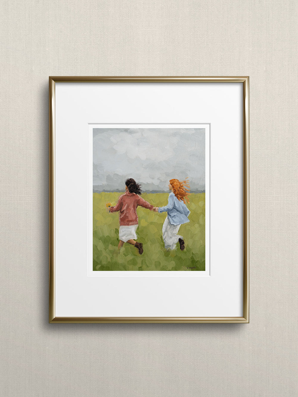 Art print of an original oil painting featuring two women running hand-in-hand through a field, chasing dreams together.
