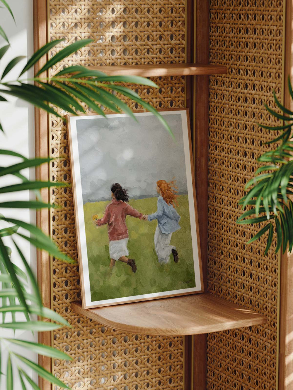 Art print of an original oil painting featuring two women running hand-in-hand through a field, chasing dreams together.