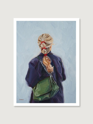 Painting of a person with a green bag against a light blue background