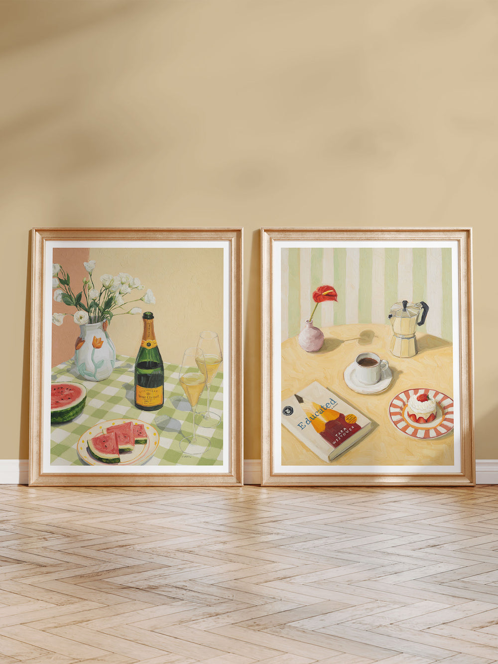 Art print of Coffee Break still life with coffee, moka pot, dessert, and book