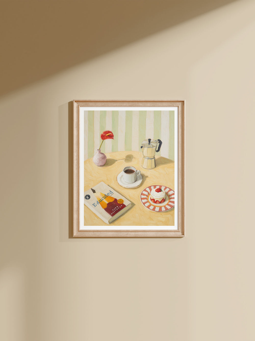 Art print of Coffee Break still life with coffee, moka pot, dessert, and book