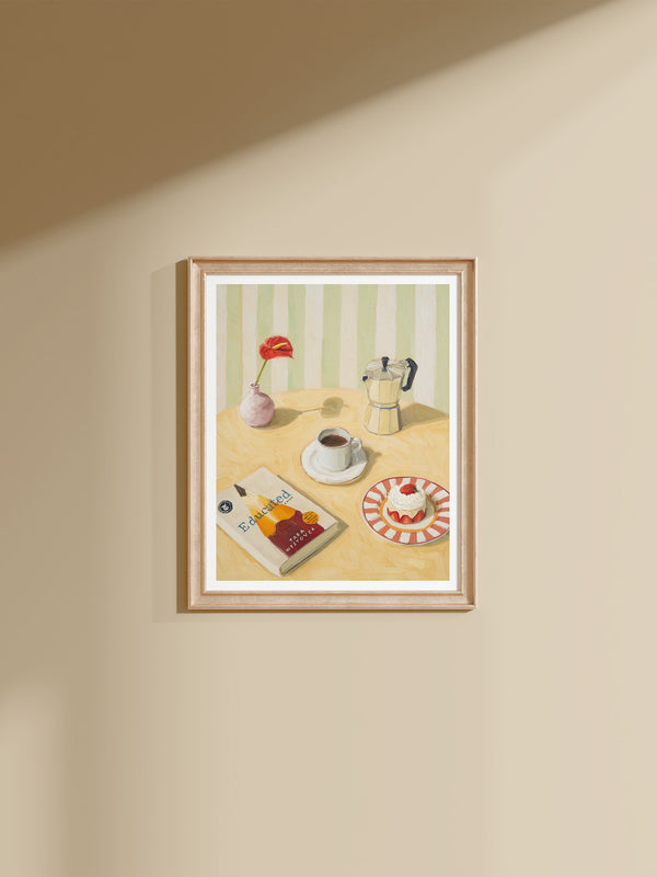 Still life print featuring a cup of coffee, moka pot, strawberry dessert, and a book
