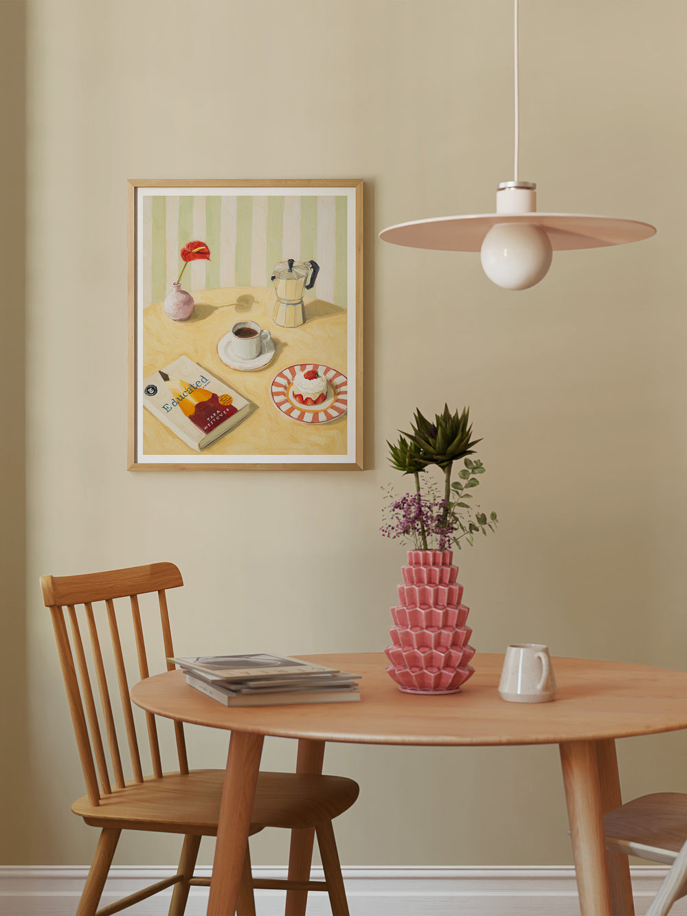 Art print of Coffee Break still life with coffee, moka pot, dessert, and book