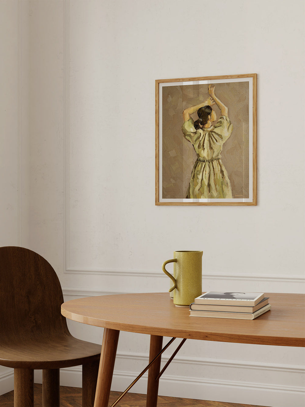 Art print of a the original oil painting picturing a back view of a woman in an olive green dress.