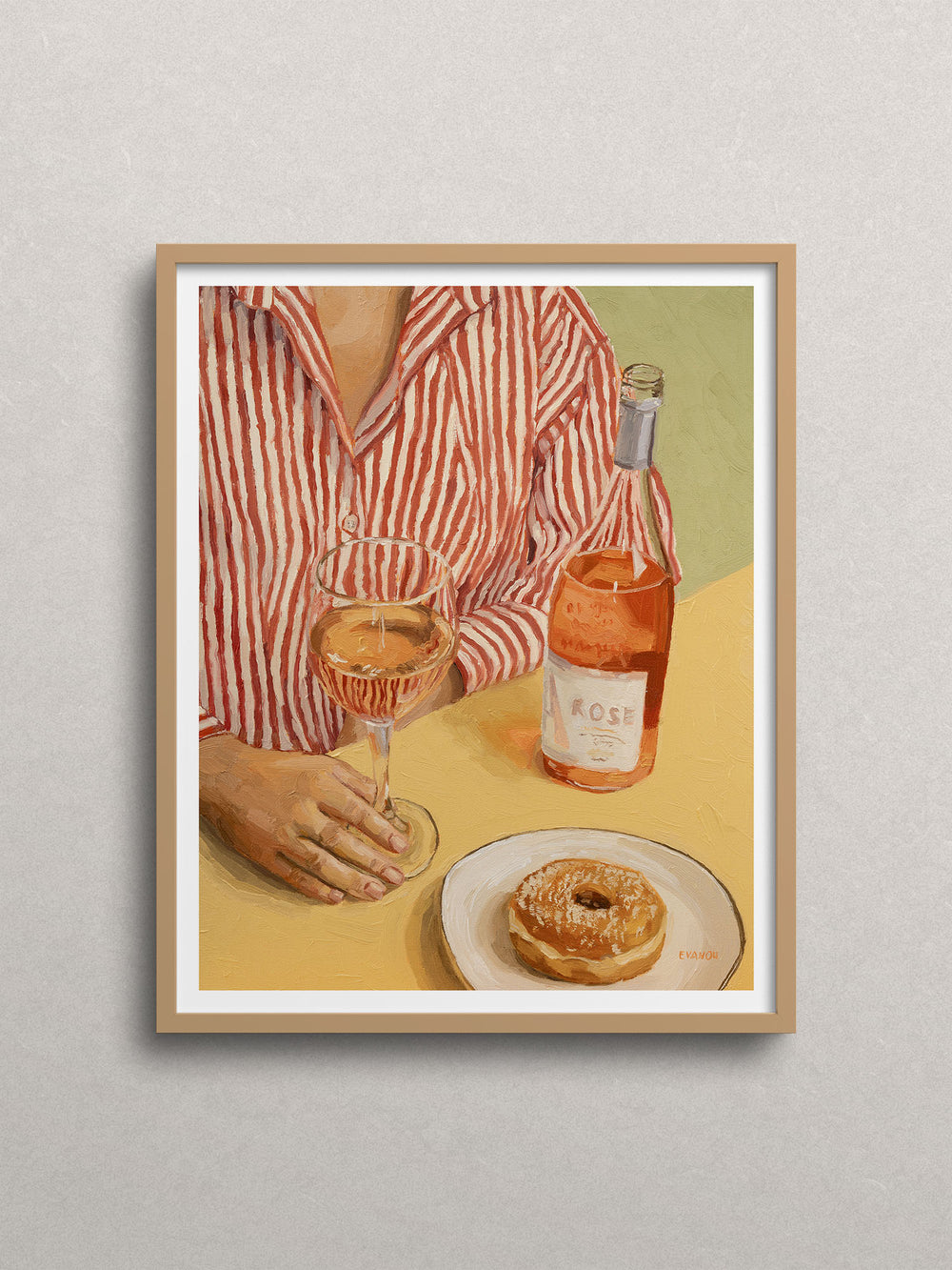 Art print of a woman dressed in a stripy shirt, seated at a table with a glass of Rosé wine and a tempting donut placed on a plate. 