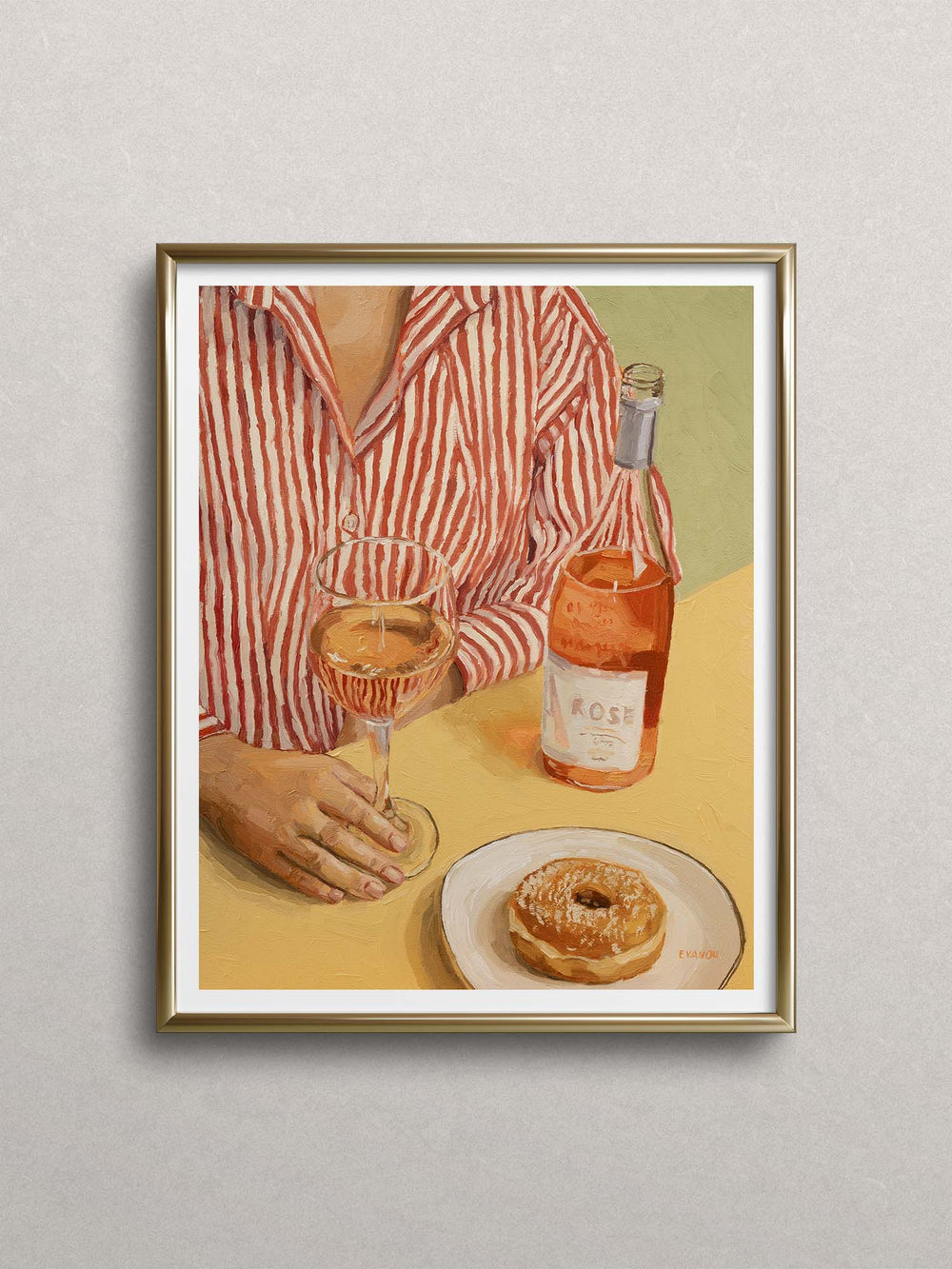 Art print of a woman dressed in a stripy shirt, seated at a table with a glass of Rosé wine and a tempting donut placed on a plate. 
