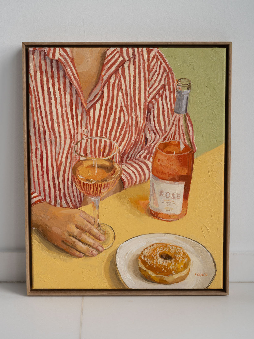 Original oil painting with Rosé wine, Warm palette cozy atmosphere art