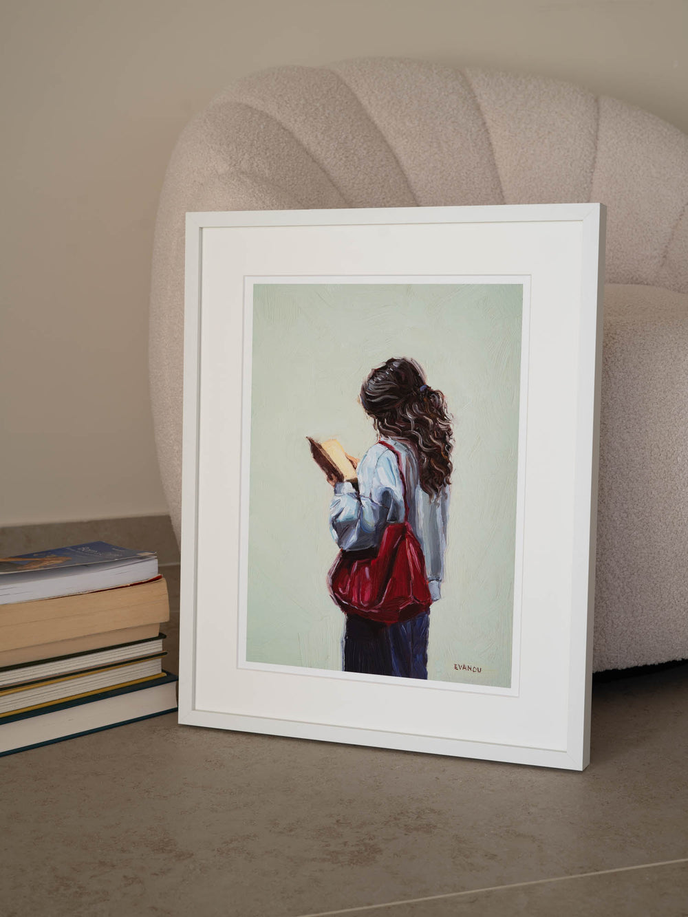 Painting of a person with long hair holding a book against a light green background