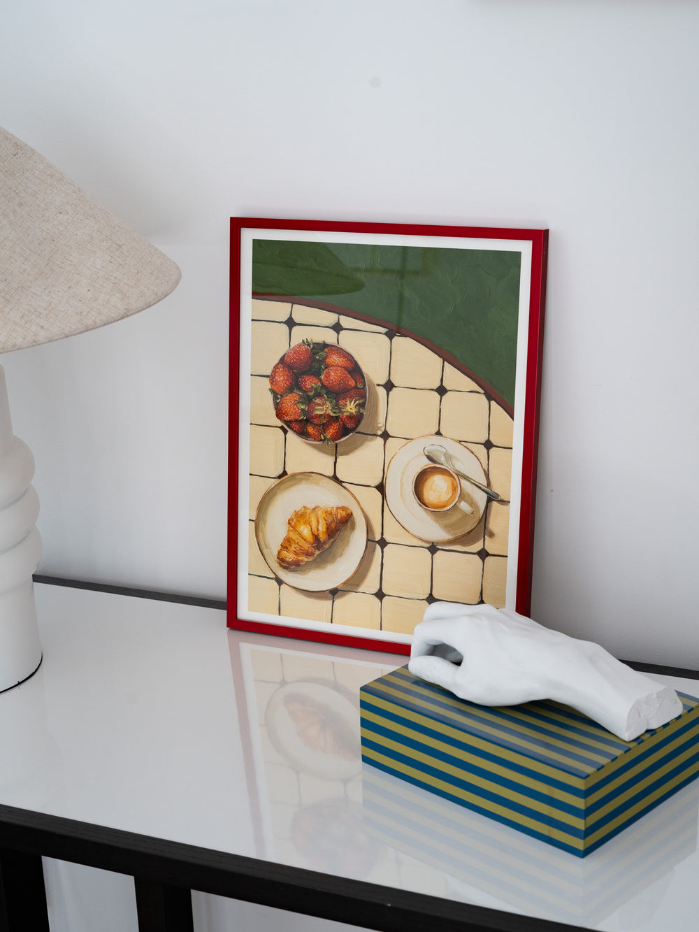 Art print of my original oil painting "Favorite Breakfast" featuring a quiet morning breakfast with strawberries, a croissant, and coffee.
