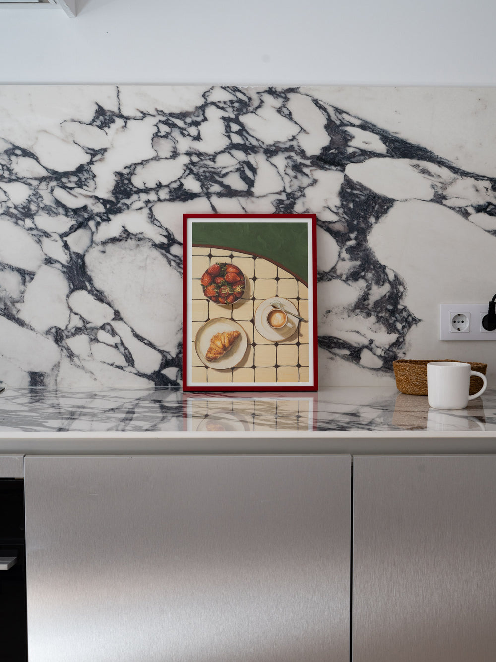 Art print of my original oil painting "Favorite Breakfast" featuring a quiet morning breakfast with strawberries, a croissant, and coffee.