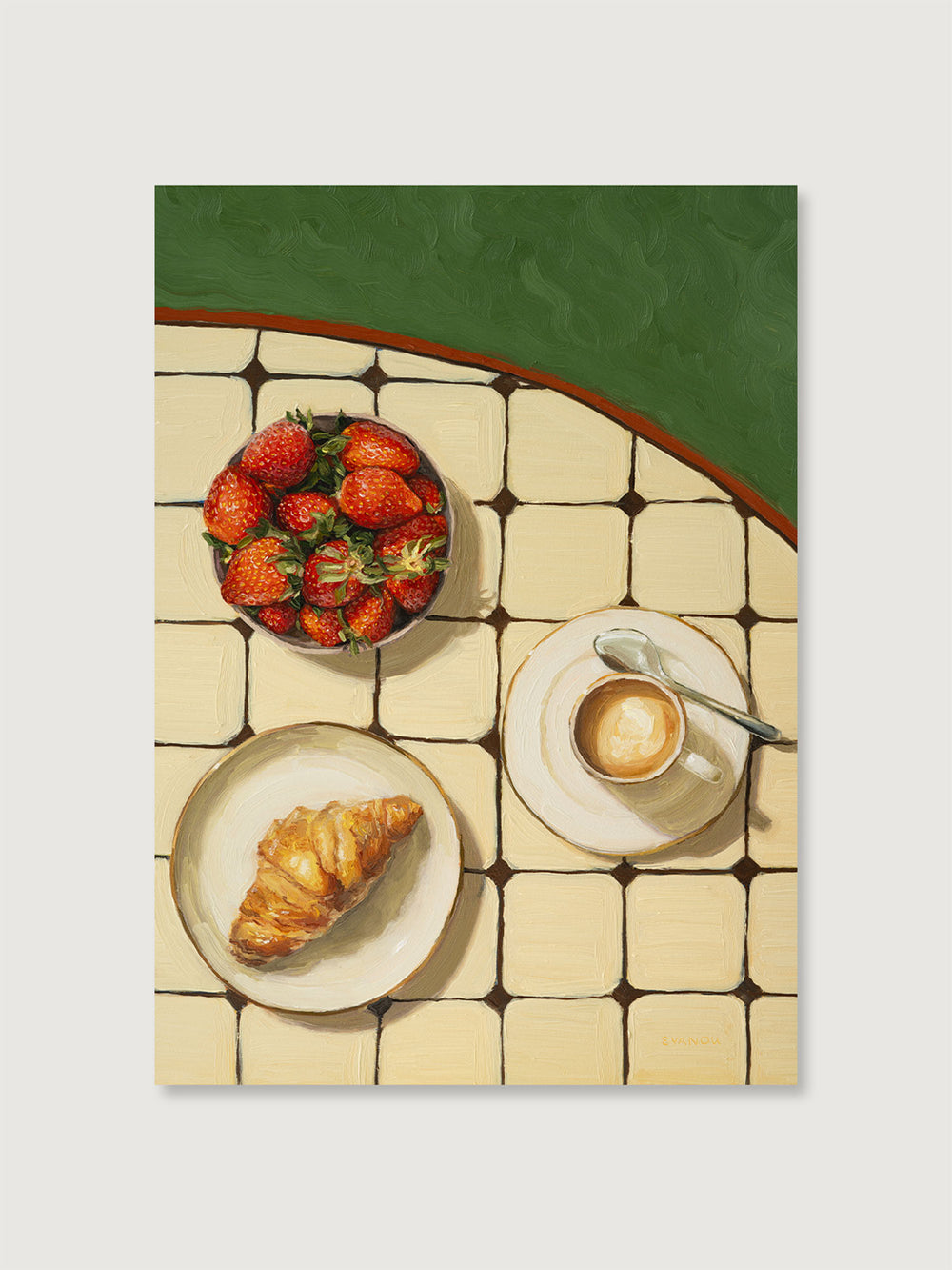 Art print of my original oil painting "Favorite Breakfast" featuring a quiet morning breakfast with strawberries, a croissant, and coffee.