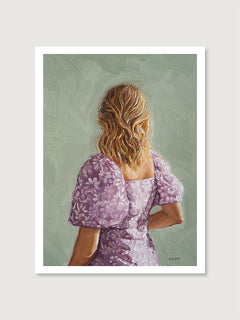 Painting of a woman in a purple dress with a textured green background