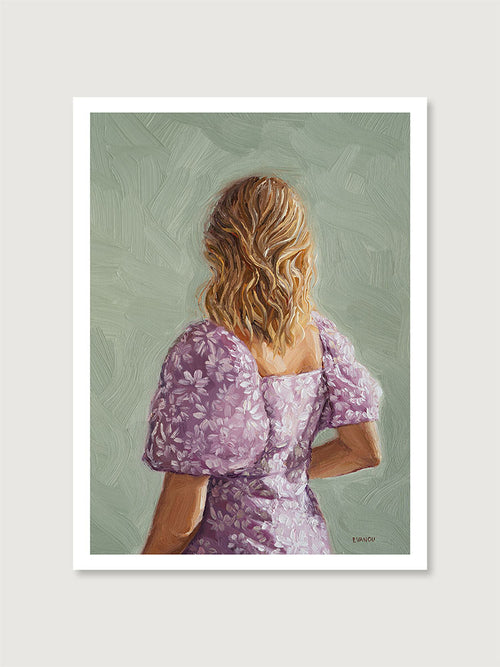 Painting of a woman in a purple dress with a textured green background