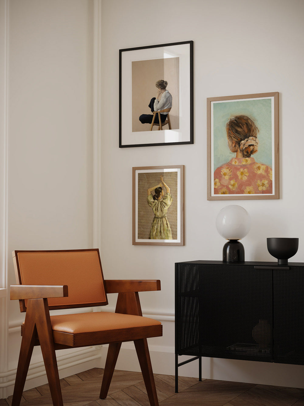 Art print of a the original oil painting picturing a back view of a woman in an olive green dress.