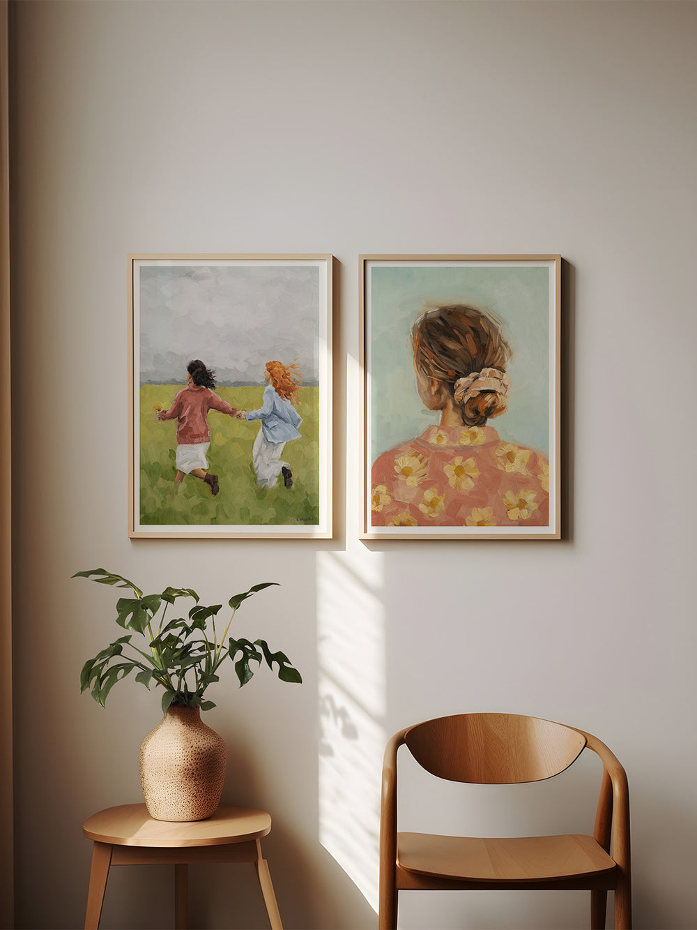 This art print of an original oil painting portrays a woman with her hair tied into a messy bun.